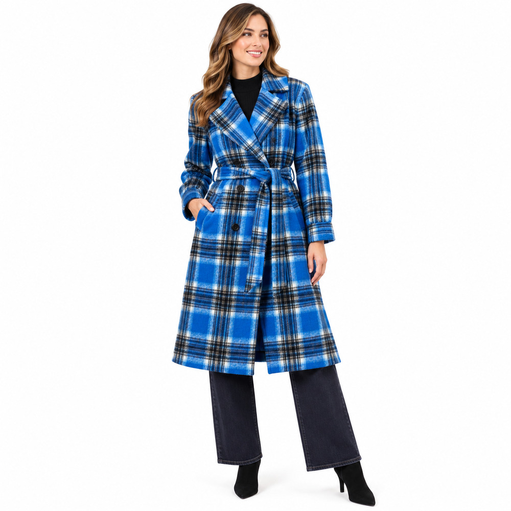 Aqua Outerwear Womens Coat Size Small Blue Plaid Belted Double Breasted Peacoat